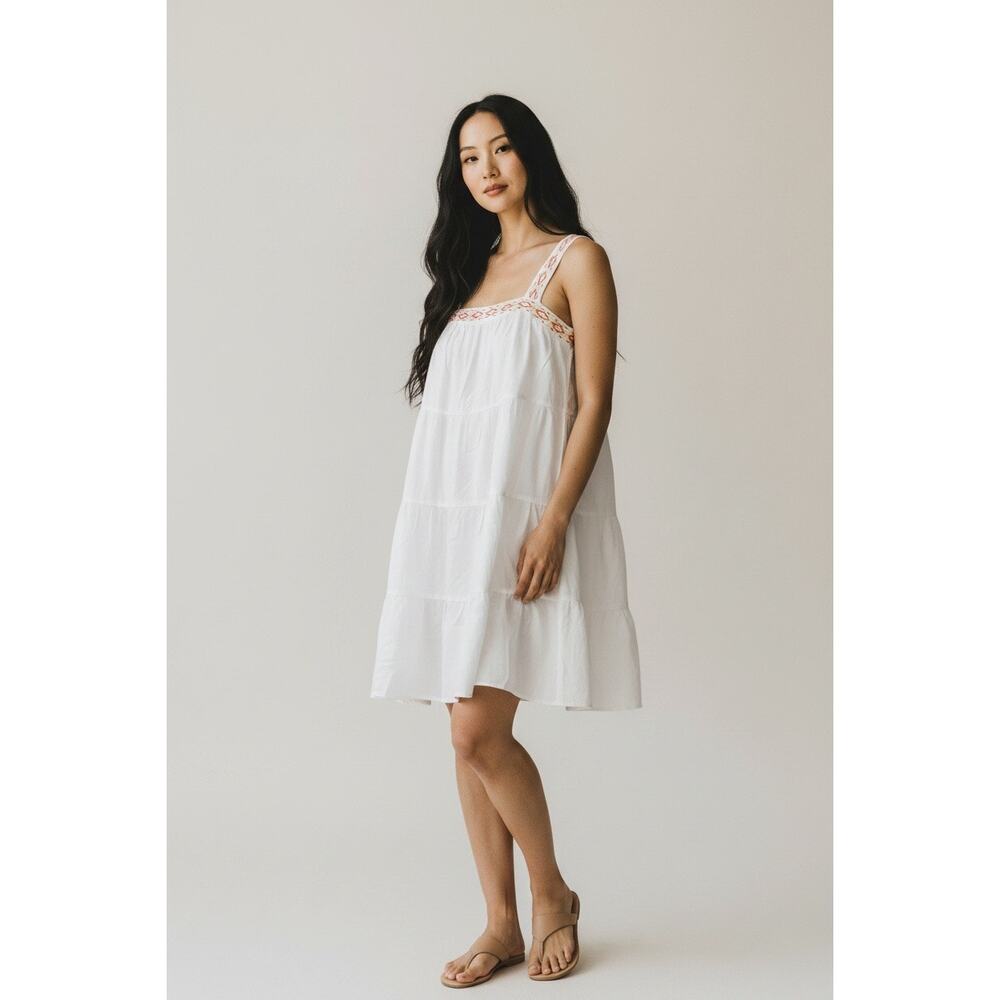 Blue Rain White Square Neckline Boho Tiered Mini Sun Dress Large 34 Inch Long - Picture 15 of 15